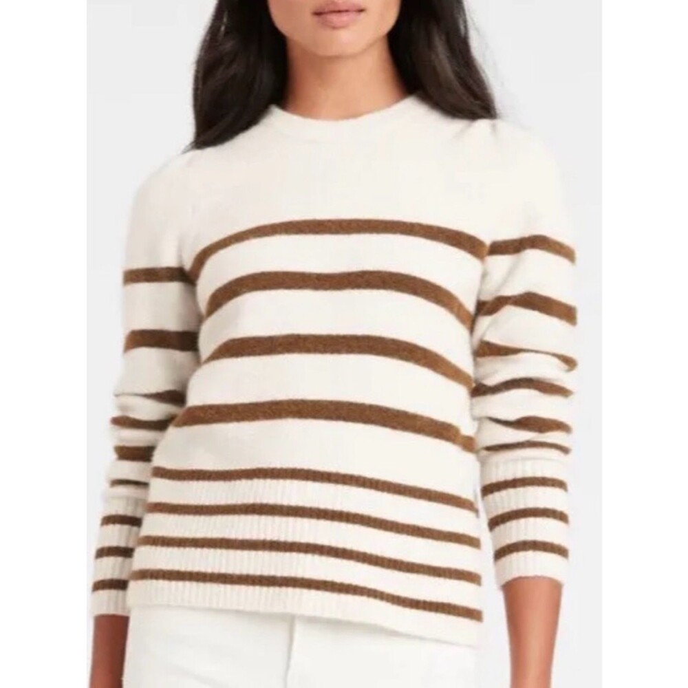 Banana Republic Cream and Brown Striped Crewneck Sweater alpaca wool medium